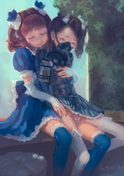  1=2 2girls arms_behind_back bdsm black_dress black_hair blue_dress blue_eyes blue_legwear blue_nails bondage bound bridal_gauntlets brown_hair child_on_child closed_eyes closed_mouth clothes_lift dated dress dress_lift eyebrows eyelashes facing_viewer female_focus femdom frilled_dress frilled_legwear frilled_sleeves frills garter_straps gas_mask gloves hair_ornament half-closed_eyes highres latex lips loli lolidom lolita_fashion long_sleeves looking_down maid mask multiple_girls nail_polish nose original panties puffy_short_sleeves puffy_sleeves restrained ribbon short_sleeves short_twintails signature sitting smile spread_legs tagme tears thighhighs thighs twintails underwear white_gloves white_legwear yuri  rating:Explicit score:133 user:gonzor
