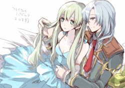 1boy 1girl bad_id bad_pixiv_id bishnal_(rune_factory) blue_hair breasts cleavage couple dress frey_(rune_factory) green_hair harvest_moon holding holding_own_hair long_hair necktie rune_factory rune_factory_4 small_breasts smile spc translation_request