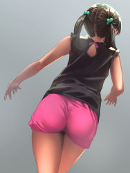  1girl ass black_shirt brown_hair from_behind grey_background hair_bobbles hair_ornament highres loli long_hair low_twintails original pink_shorts shirt short_shorts shorts simple_background sleeveless sleeveless_shirt solo thighs twintails yubata  rating:Questionable score:213 user:danbooru