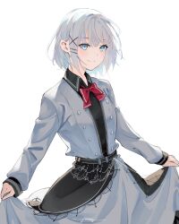  1girl absurdres artist_name belt black_belt black_shirt blue_dress blue_eyes bow bowtie closed_mouth collared_shirt commentary cowboy_shot dress english_commentary grey_hair hair_ornament hairpin highres looking_afar medium_hair red_bow red_bowtie revision shirt siesta_(tantei_wa_mou_shindeiru) signature simple_background skirt_hold sleeves_past_wrists smile solo tantei_wa_mou_shindeiru white_background x_hair_ornament yuu_naay 