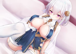  1girl alternate_costume azur_lane between_breasts blue_dress braid breast_curtains breasts cape cleavage closed_mouth clothes_lift covered_navel dress dutch_angle eric eyelashes garter_straps gloves hair_ornament half_gloves hand_up highres large_breasts legs no_bra pelvic_curtain pelvic_curtain_lift red_eyes revealing_clothes ribbon see-through short_hair sideboob sirius_(azur_lane) sirius_(azure_horizons)_(azur_lane) sitting solo thighhighs thighs triangle_mouth underboob white_gloves white_hair white_thighhighs  rating:Sensitive score:12 user:LesLes