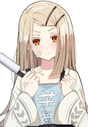  1girl absurdres apron bandaid bandaid_on_cheek bandaid_on_face bandaid_on_hand bandaid_on_neck blush clenched_hands collarbone colored_eyelashes commentary_request gakuen_idolmaster head_tilt highres holding holding_knife idolmaster kaera_(cpvs8228) kitchen_knife knife light_brown_hair long_hair looking_at_viewer orange_eyes robe shinosawa_hiro simple_background smile solo upper_body very_long_hair white_background white_robe 