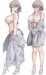  1girl ass bare_shoulders bikini blue_eyes breasts closed_eyes closed_mouth coat coat_partially_removed commentary from_side grey_coat grey_hair hair_between_eyes half-closed_eyes halterneck high_heels highres large_breasts long_sleeves mature_female multiple_views nago_purin off_shoulder open_clothes open_coat parted_lips profile short_hair side-tie_bikini_bottom simple_background single_hair_ring sleeves_past_fingers sleeves_past_wrists smile split_mouth standing strappy_heels string_bikini swimsuit symbol-only_commentary thong_bikini turning_head underboob uzaki-chan_wa_asobitai! uzaki_tsuki white_background white_bikini white_footwear  rating:Sensitive score:192 user:danbooru