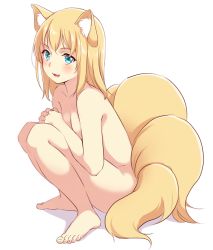  1girl :3 :d animal_ears barefoot blonde_hair blush breasts cleavage fox_ears fox_tail full_body knees_to_chest long_hair multiple_tails nude open_mouth simple_background small_breasts smile solo squatting tail white_background yatomi  rating:Questionable score:27 user:danbooru