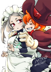  2girls apron bloody_marie_(skullgirls) blush bow bowtie brooch closed_eyes cyborg dress frilled_apron frilled_dress frills gloves grabbing grabbing_from_behind grey_hair grin hair_ornament hands_on_another&#039;s_shoulders hat jewelry looking_at_another looking_back maid_headdress mtk_hoshi multiple_girls open_mouth orange_hair peacock_(skullgirls) red_eyes ribs short_hair skeleton skull_hair_ornament skullgirls smile top_hat twintails 