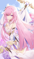  1girl absurdres bare_shoulders bell blue_sky breasts bridal_veil chinese_commentary cleavage commentary_request cowboy_shot detached_sleeves diamond-shaped_pupils diamond_(shape) dress elysia_(herrscher_of_human:ego)_(honkai_impact) elysia_(honkai_impact) flower from_side gloves hair_between_eyes hair_intakes hair_ornament highres honkai_(series) honkai_impact_3rd large_breasts ling_kongling long_hair looking_at_viewer multicolored_hair pink_flower pink_hair pink_pupils purple_eyes reaching reaching_towards_viewer sky smile solo streaked_hair symbol-shaped_pupils veil very_long_hair white_dress white_gloves white_sleeves white_veil 