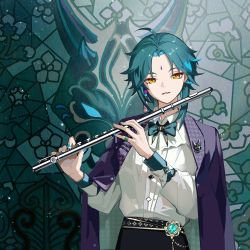  1boy ahoge alternate_costume blue_hair blue_nails bow bowtie earrings facial_mark forehead_mark genshin_impact highres holding holding_instrument instrument jacket jacket_on_shoulders jewelry male_focus multicolored_hair nail_polish parted_lips qingxin_gua_yu ring shirt single_earring solo sparkle upper_body vision_(genshin_impact) white_shirt xiao_(genshin_impact) yellow_eyes  rating:Sensitive score:4 user:danbooru