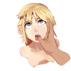  1boy 1girl astrid_hofferson blonde_hair blue_eyes breasts dreamworks finger_in_another&#039;s_mouth highres how_to_train_your_dragon long_hair nipples nude open_mouth polyle pov simple_background small_breasts solo_focus tongue upper_body white_background  rating:Questionable score:457 user:cyberware