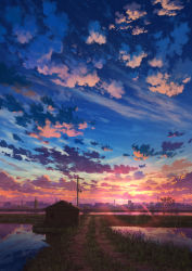 absurdres blue_sky building cloud commentary_request dirt_road evening field grass highres landscape mountainous_horizon no_humans original pei_(sumurai) power_lines reflection reflective_water rice_paddy road scenery shack sky skyscraper sunset tree twilight utility_pole vanishing_point rating:General score:6 user:danbooru