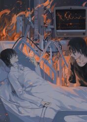  2boys bed bed_sheet black_hair black_shirt brown_eyes cardiogram cigarette closed_eyes collared_shirt commentary fire highres holding holding_cigarette hospital hospital_bed indoors long_sleeves lying medium_hair mouth_hold multiple_boys on_back on_bed original shirt short_sleeves smoke smoking symbol-only_commentary white_shirt ye_(ran_chiiipye) 