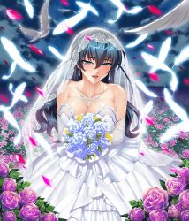 1girl bare_shoulders bird blue_hair blush bouquet breasts bridal_veil bride collarbone commentary_request dove dress earrings elbow_gloves feathered_wings feathers field flower flower_field gloves green_eyes highres holding igawa_asagi jewelry kagami_hirotaka large_breasts lipstick long_hair makeup necklace official_art open_mouth petals rose rose_petals see-through see-through_sleeves simple_background smile solo strapless strapless_dress taimanin_(series) taimanin_asagi veil wedding_dress white_background white_dress wings rating:Sensitive score:73 user:danbooru