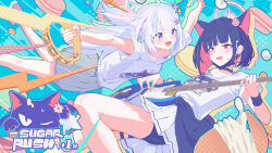  2girls absurdres anger_vein animal_ears bass_guitar black_collar black_hair black_jacket black_shorts blue_archive blue_eyes blush cat_ears clothes_around_waist collar commentary_request earclip earrings extra_ears food-themed_background grey_skirt halo highres holding holding_instrument instrument jacket jacket_around_waist jewelry kazusa_(band)_(blue_archive) kazusa_(blue_archive) long_hair looking_at_viewer multicolored_hair multiple_girls music official_alternate_costume open_mouth outstretched_arms pink_hair pink_halo playing_instrument pleated_skirt red_eyes reisa_(blue_archive) short_hair shorts skirt smile star_halo streaked_hair stud_earrings susukawa_(susucawa) sweatdrop thighs white_skirt wristband 