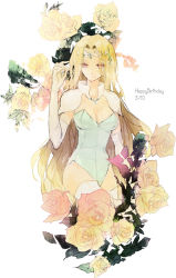  1990s_(style) 1girl blonde_hair breasts celes_chere elbow_gloves female_focus final_fantasy final_fantasy_vi flower gloves leotard long_hair mimic_(artist) plant red_eyes retro_artstyle shoulder_pads solo thighhighs tiara white_gloves white_thighhighs 