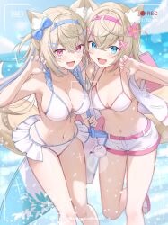  2girls animal_ear_fluff animal_ears bag beach bikini blonde_hair blue_bow blue_eyes blue_nails bow breasts cloud collarbone crossed_bangs dog_ears dog_girl flower fuwawa_abyssgard hair_bow hair_flower hair_ornament hairclip highres holding holding_bag hololive hololive_english jacket large_breasts medium_breasts midriff mococo_abyssgard multicolored_hair multiple_girls navel ocean open_clothes open_jacket open_mouth perroccino_(fuwamoco) pink_eyes pink_flower pink_footwear pink_nails recording sandals shorts siblings sisters sky smile streaked_hair surfboard swimsuit tokisaka_makoto twins virtual_youtuber white_bikini white_jacket white_shorts  rating:Sensitive score:38 user:danbooru