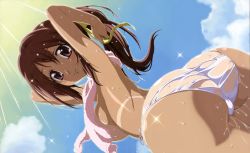 00s 1girl absurdres armpits arms_up ass ass_focus bikini bikini_tan blush breasts brown_eyes brown_hair censored cloud convenient_censoring day detexted dutch_angle from_below hair_ribbon highres large_breasts light_rays long_hair looking_at_viewer looking_back mitsuki_sohara non-web_source ponytail ribbon see-through side-tie_bikini_bottom sky smile solo sora_no_otoshimono sparkle sunbeam sunlight swimsuit tan tanline third-party_edit tokiwa_kentarou topless towel towel_around_neck wet wet_clothes rating:Questionable score:129 user:danbooru