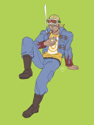  1boy beard_stubble blonde_hair blue_pants boots cigarette commentary cropped_jacket english_commentary facial_hair full_body goggles goggles_on_head green_background holding holding_lighter lighter looking_to_the_side male_focus one_piece pants pastghost paulie sitting smoke solo stubble yellow_background 