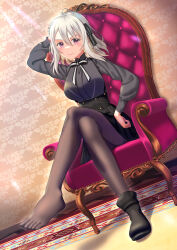  1girl absurdres ankle_boots armchair boots chair crossed_legs feet hand_on_own_hip highres lily_(spy_kyoushitsu) long_hair looking_at_viewer pantyhose pink_eyes shoes unworn_shoes single_shoe sitting skirt spy_kyoushitsu suspender_skirt suspenders toes white_hair  rating:Sensitive score:17 user:ssfl