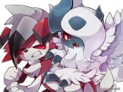  1other absol animal_ears animal_hands animal_nose annoyed artist_name asymmetrical_hair black_hair blurry blush bright_pupils claws clenched_teeth colored_sclera creatures_(company) depth_of_field dog_ears eye_contact fangs feathered_wings furry game_freak gen_3_pokemon gen_7_pokemon grey_hair hair_over_one_eye half-closed_eyes leaning_forward light_blush looking_at_another looking_to_the_side lycanroc lycanroc_(midnight) mega_absol mega_pokemon multicolored_hair neck_fur nintendo one_eye_covered open_mouth pokemon pokemon_(creature) pokemon_on_back red_eyes red_sclera ringed_eyes shira_(sirairo116) sideways_mouth simple_background snout teeth twitter_username two-tone_hair watermark white_background white_hair white_pupils white_wings wings  rating:General score:3 user:AngryZapdos