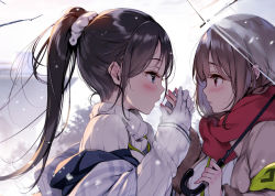 2girls armband black_hair blue_eyes blush branch breath brown_hair close-up coat copyright_request day enpera eye_contact from_side fur-trimmed_sleeves fur_trim gloves hand_grab highres holding holding_hands holding_umbrella ke-ta long_hair looking_at_another medium_hair multiple_girls open_clothes open_coat open_mouth outdoors parted_lips ponytail profile red_eyes red_scarf ribbed_sweater scarf scrunchie shawl snow snowing sweater transparent transparent_umbrella umbrella winter_clothes yuri rating:General score:11 user:danbooru