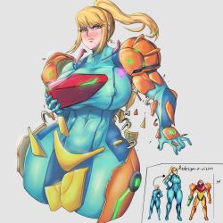  1girl abs absurdres adapted_costume alternate_breast_size blonde_hair blush breasts bursting_breasts bursting_out comparison covered_erect_nipples curvy growth height_difference highres huge_breasts la_potato metroid mole mole_under_mouth muscular muscular_female nintendo redesign revealing_clothes samus_aran size_difference solo tall_female tall_girl thick_thighs thighs varia_suit wide_hips zero_suit  rating:Questionable score:75 user:Username169