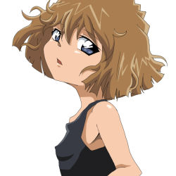  1girl bare_shoulders blue_eyes breasts brown_hair covered_erect_nipples haibara_ai hamu_(sanosano) loli looking_at_viewer meitantei_conan open_mouth sad short_hair simple_background small_breasts solo upper_body 