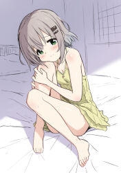  1girl _kohshibasaki bare_shoulders barefoot bed bedroom blush closed_mouth collarbone convenient_censoring dot_nose feet female_focus green_eyes grey_hair hair_ornament hairclip holding_own_leg indoors legs looking_at_viewer medium_hair no_shoes no_socks sitting smile solo thighs yama_no_susume yukimura_aoi 