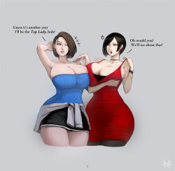  2girls acrylictoon ada_wong anger_vein arm_up armpits asymmetrical_docking blue_eyes breast_press breasts capcom cleavage curvy female_focus highres huge_breasts jill_valentine lipstick looking_at_another makeup multiple_girls red_eyes resident_evil resident_evil_2 resident_evil_3:_nemesis short_hair text_focus  rating:Sensitive score:33 user:catonfire26