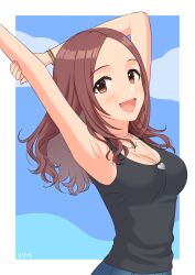  1girl armpits arms_up artist_name black_tank_top blush border breasts brown_eyes brown_hair cleavage commentary_request denim fingernails forehead from_side heart heart_necklace heart_pendant highres idolmaster idolmaster_cinderella_girls jeans jewelry looking_at_viewer looking_to_the_side medium_breasts medium_hair multiple_wristbands necklace outside_border pants parted_hair pendant pink_nails sawada_marina signature smile solo sparkling_eyes standing stretching tank_top tongue upper_body wgm_oekaki wristband 