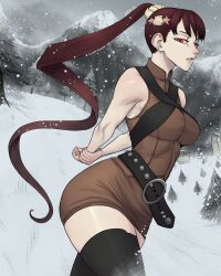  1girl alternate_costume belt belt_buckle black_clover brown_hair buckle dress holding_hands kahono limn044 ponytail red_eyes snow snowing thighhighs tight_clothes tight_dress tight_skirt  rating:Sensitive score:4 user:Toast_Skull01Z