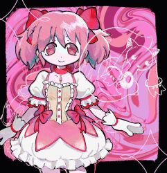  1girl 1other black_border border bubble_skirt buttons choker closed_mouth dot_nose dress frilled_dress frills gloves hair_ribbon kaname_madoka kaname_madoka_(magical_girl) kurepu_(kurepus-bakery) kyubey looking_at_viewer magical_girl mahou_shoujo_madoka_magica pale_skin pink_background pink_choker pink_dress pink_eyes pink_hair puffy_short_sleeves puffy_sleeves red_ribbon ribbon short_hair short_sleeves short_twintails sidelocks skirt smile solo_focus soul_gem sparkle twintails white_gloves 