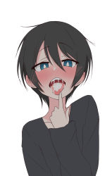  1girl absurdres after_fellatio ame_(amechan17391739) black_hair black_shirt blue_eyes blush bright_pupils cum cum_in_mouth cum_on_tongue dot_nose eyebrows eyelashes female_focus finger_to_tongue hand_up highres implied_hetero index_finger_raised messy_hair naughty_face nose_blush open_mouth pointing pointing_at_self saitou_ena shirt short_hair simple_background solo teeth tomboy tongue tongue_out upper_body upper_teeth_only white_background white_pupils yurucamp  rating:Explicit score:122 user:danbooru