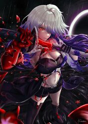  1girl absurdres acheron_(honkai:_star_rail) armor asymmetrical_footwear belt black_belt black_coat black_gloves black_hole black_shorts blood bloody_tears body_markings breasts bright_pupils cleavage coat coattails flower gloves hair_over_one_eye highres holding holding_sword holding_weapon honkai:_star_rail honkai_(series) kanchime_sora katana looking_at_viewer markings midriff multicolored_hair navel official_alternate_color parted_lips petals purple_hair rain red_eyes red_flower scabbard sheath shorts shoulder_armor signature single_glove solo sword thighs unsheathing wading water weapon white_hair white_pupils 