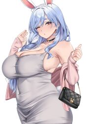  1girl animal_ear_fluff animal_ears armpits bare_shoulders blue_hair blush braid breasts highres hololive large_breasts long_hair looking_at_viewer mature_female moisture_(chichi) multicolored_hair pekomama plump rabbit_ears rabbit_girl short_eyebrows solo thick_eyebrows upper_body virtual_youtuber white_hair 
