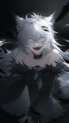  1girl animal_ears arknights bare_shoulders black_background black_nails breasts bright_pupils choker fangs feathers fur_trim hair_between_eyes hair_ornament hairclip lappland_(arknights) lappland_tr359 long_hair looking_at_viewer messy_hair scar small_breasts solo white_hair white_pupils wide_sleeves wolf_ears 
