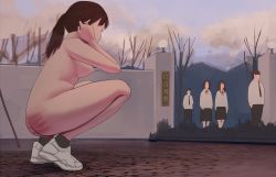  2boys 3girls breasts clothed_female_nude_female clothed_male_nude_female faceless faceless_female faceless_male highres huaca humiliation multiple_boys multiple_girls nude original outdoors perky_breasts ponytail public_indecency public_nudity school_gate school_gateway school_uniform shoes sneakers socks squatting tagme walking whip_marks  rating:Explicit score:229 user:robblu