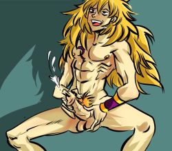  1boy abs artist_request blonde_hair blush cuffs cum fairy_tail long_hair male_focus nipples nude open_mouth penis pubic_hair solo tattoo testicles zancrow  rating:Explicit score:2 user:Ftyaoi