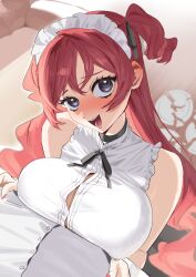  1boy 1girl 2l_(2lsize) anemone_(2l) bare_shoulders black_ribbon blush breast_press breasts broken_plate grey_eyes hair_ribbon highres kneeling large_breasts long_hair looking_at_viewer maid maid_headdress neck_ribbon open_mouth original plate pov red_hair ribbon shirt sleeveless sleeveless_shirt smile solo_focus two_side_up upper_body variant_set white_shirt 
