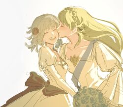  2girls abgthrasir blonde_hair bride closed_eyes commentary dress english_commentary fire_emblem fire_emblem_heroes flower grey_hair hair_flower hair_ornament highres kiss long_hair multiple_girls nintendo official_alternate_costume sharena_(bride)_(fire_emblem) sharena_(fire_emblem) short_hair_with_long_locks veronica_(bride)_(fire_emblem) veronica_(fire_emblem) wedding_dress white_background white_dress wife_and_wife yuri 