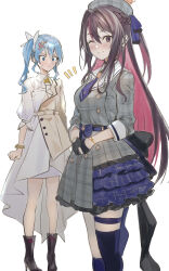  2girls absurdres asymmetrical_hair asymmetrical_legwear azki_(4th_costume)_(hololive) azki_(hololive) azki_(hololive)_(cosplay) belt beret black_bow black_footwear black_gloves blue_belt blue_bow blue_eyes blue_hair blue_necktie blue_skirt blush boots bow bracelet braid breast_envy breasts brown_dress brown_eyes brown_hair buttons closed_mouth colored_inner_hair cosplay costume_switch crown double-breasted dress feet_out_of_frame flower french_braid frilled_skirt frills full_body gloves grey_hat grey_jacket grey_skirt hair_between_eyes hair_bow hair_flower hair_intakes hair_ornament hat high-low_skirt high_heel_boots high_heels highres hololive hoshimachi_suisei hoshimachi_suisei_(1st_costume) hoshimachi_suisei_(cosplay) jacket jewelry kneehighs large_bow layered_skirt light_blue_hair long_hair looking_at_viewer medium_breasts medium_hair mini_crown mole mole_under_eye multicolored_hair multiple_girls necktie official_alternate_costume one_eye_closed own_hands_together partially_fingerless_gloves pink_hair plaid plaid_headwear plaid_jacket plaid_skirt pukara scrunchie shirt short_necktie side_ponytail sidelocks simple_background single_kneehigh single_sock single_thighhigh skirt small_breasts smile socks standing sweatdrop thigh_strap thighhighs two-tone_dress two-tone_hair two-tone_skirt virtual_youtuber white_background white_bow white_dress white_shirt wrist_scrunchie 
