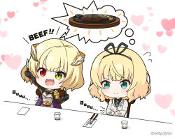 2girls :d armor black_gloves black_ribbon black_shirt blazer blonde_hair blue_eyes blush breastplate charlotte_(shironeko_project) chibi closed_mouth collared_shirt commentary_request cup drinking_glass english_text fang flying_sweatdrops food fork gloves gochuumon_wa_usagi_desu_ka? good_meat_day green_eyes grey_jacket hair_ribbon heart heart_background heterochromia holding holding_fork holding_knife hungry jacket kirima_syaro knife meat mitya multiple_girls necktie on_chair open_mouth outstretched_arm plaid_necktie red_eyes revision ribbon school_uniform shironeko_project shirt simple_background sitting smile stomach_growling table twitter_username uchida_maaya v-shaped_eyebrows voice_actor_connection water white_background 