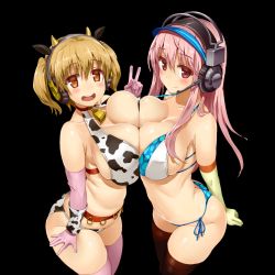 2girls animal_ears animal_print ass bell bikini blonde_hair blush breast_press breasts brown_legwear butt_crack cleavage collar collarbone colored_eyelashes cosplay cow_ears cow_horns cow_print cowbell elbow_gloves gloves green_gloves headphones headset horns idolmaster idolmaster_cinderella_girls large_breasts long_hair looking_at_viewer multiple_girls neck_bell nitroplus nitta_minami nitta_minami_(cosplay) oikawa_shizuku oikawa_shizuku_(cosplay) open_mouth orange_eyes pink_eyes pink_gloves pink_hair pink_legwear shiny_skin short_hair side-tie_bikini_bottom simple_background skindentation smile strap_gap super_pochaco super_sonico swimsuit symmetrical_docking thighhighs twintails uo_denim v visor_cap yuri rating:Questionable score:85 user:Wing_of_Madoola