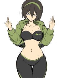  1girl aged_up avatar_legends black_hair blind breasts cleavage highres jacket middle_finger nickelodeon rakeemspoon toph_bei_fong  rating:Sensitive score:147 user:twilight_jester