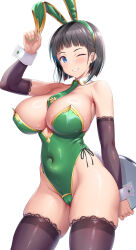  1girl ;) animal_ears between_breasts black_hair black_thighhighs blue_eyes blunt_bangs breasts cameltoe cleavage covered_navel detached_collar detached_sleeves fake_animal_ears fake_tail green_leotard green_nails green_necktie highleg highleg_leotard highres holding holding_tray kawase_seiki kirigaya_suguha large_breasts leotard looking_at_viewer necktie necktie_between_breasts one_eye_closed parted_lips playboy_bunny rabbit_ears rabbit_tail short_hair skindentation smile solo strapless strapless_leotard sword_art_online tail thighhighs tray white_background white_wrist_cuffs wing_collar wrist_cuffs 