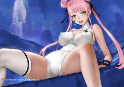  1girl ariverkao black_gloves black_ribbon breasts cleavage_cutout clothing_cutout dated double_bun earrings fingerless_gloves gloves hair_bun hair_ribbon jewelry large_breasts leotard long_hair open_mouth original patreon_logo pink_hair ribbon signature single_thighhigh sitting solo spread_legs thighhighs white_leotard white_thighhighs yellow_eyes 