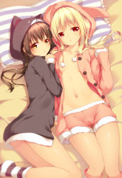 2girls animal_ears animal_hood arm_at_side bad_id bad_pixiv_id black_hair blonde_hair blouse bottomless breasts buttons cameltoe cat_ears cat_hood cleft_of_venus closed_mouth collarbone frills groin hand_on_another&#039;s_shoulder highres hood hooded_jacket jacket knees_together_feet_apart konjiki_no_yami loli long_hair long_legs long_sleeves looking_at_viewer lying multiple_girls navel no_bra no_panties on_back on_bed on_side open_clothes open_shirt parted_lips pom_pom_(clothes) rabbit_ears rabbit_hood red_eyes shirt shokuyou_mogura shorts sleeves_past_wrists small_breasts socks striped_clothes striped_legwear striped_pillow striped_socks thigh_gap to_love-ru unbuttoned yuuki_mikan rating:Questionable score:168 user:danbooru