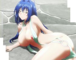 1girl arm_behind_back arm_support bare_shoulders bikini blue_hair blush breasts brown_eyes female_focus hair_between_eyes hair_intakes head_tilt hip_focus jewelry large_breasts long_hair looking_at_viewer lying maken-ki! navel nijou_aki nipple_slip nipples o-ring o-ring_bikini o-ring_bottom on_ground on_side outdoors pendant screencap shade shadow shiny_skin slingshot_swimsuit solo stitched sweat swimsuit takami_akio thick_thighs thighs third-party_edit wardrobe_malfunction rating:Questionable score:55 user:vincaddo