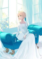  1girl ahoge artoria_pendragon_(fate) blonde_hair blue_ribbon couch dress fate_(series) green_eyes hair_between_eyes hair_bun hair_ribbon highres looking_to_the_side on_couch open_mouth open_window ribbon roku_(ntbr_fate) sidelocks sitting white_dress window 