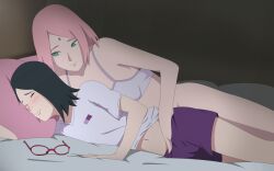  2girls age_difference bed bed_sheet blush boruto:_naruto_next_generations bottomless closed_eyes closed_mouth facial_mark feet_out_of_frame fingering fingering_from_behind forehead_mark glasses glasses_removed hand_under_clothes haruno_sakura highres incest looking_at_another lying mother_and_daughter multiple_girls naruto_(series) on_bed on_side optimystic pillow pink_hair purple_shorts red-framed_eyewear shirt short_hair short_sleeves shorts thighs uchiha_sarada unworn_eyewear white_shirt yuri 