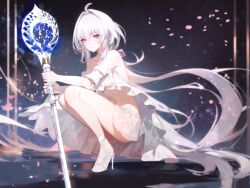  1girl ahoge bare_shoulders bikini expressionless fate/grand_order fate_(series) frills fs_(sdamsd21321) high_heels holding holding_staff lady_avalon_(fate) long_hair looking_at_viewer merlin_(fate/prototype) purple_eyes solo squatting staff swimsuit thighs very_long_hair white_bikini white_hair  rating:Sensitive score:16 user:danbooru