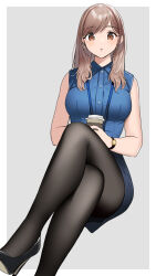  1girl :o akaori_umeka black_footwear black_pantyhose blue_shirt blue_skirt breasts brown_eyes brown_hair buttons coffee_cup collarbone commentary_request crossed_legs cup disposable_cup doushimasho earrings foot_out_of_frame gold_earrings grey_background hair_over_shoulder high_heels highres holding holding_cup invisible_chair jewelry lanyard light_blush looking_at_viewer medium_breasts mole mole_under_eye office_lady original outside_border pantyhose parted_lips pumps shirt sitting skirt sleeveless sleeveless_shirt solo swept_bangs watch wristwatch  rating:Sensitive score:8 user:danbooru